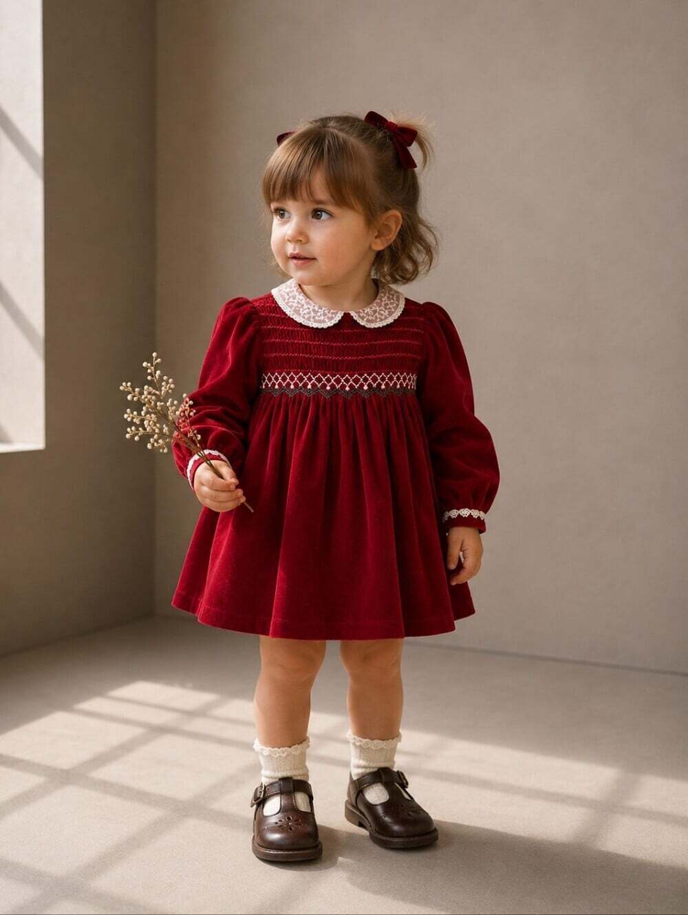 Vintage Polly Flinders 2T Red Velvet Smocked Christmas Dress Lace Collar